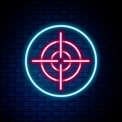 Glowing neon line Target sport icon isolated on brick wall background. Clean target with numbers for shooting range or shooting. Colorful outline concept. Vector