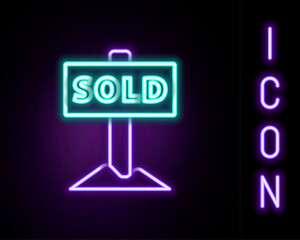 Glowing neon line Hanging sign with text Sold icon isolated on black background. Sold sticker. Sold signboard. Colorful outline concept. Vector