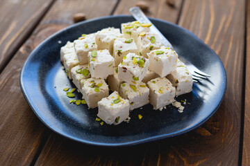 Turkish cotton candy. Halva with pistachios