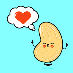 Cute funny cashew doing yoga with speech bubble. Vector hand drawn cartoon kawaii character illustration icon. Isolated on blue background. Cashew in love character concept
