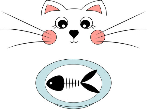 Cute cat looks at a plate of fish.