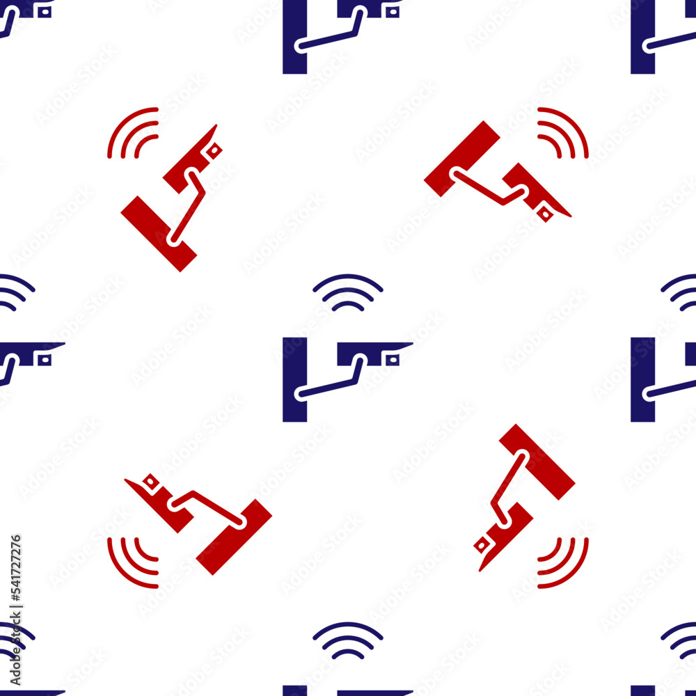 Poster blue and red smart security camera icon isolated seamless pattern on white background. internet of t