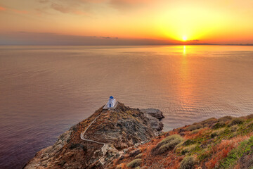 The Church of Seven Martyrs in the village Kastro of Sifnos island at sunrise, Greece