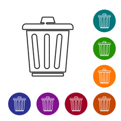 Black line Trash can icon isolated on white background. Garbage bin sign. Recycle basket icon. Office trash icon. Set icons in color circle buttons. Vector