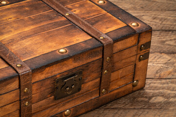 retro decorative case or storage box on wooden rustic table