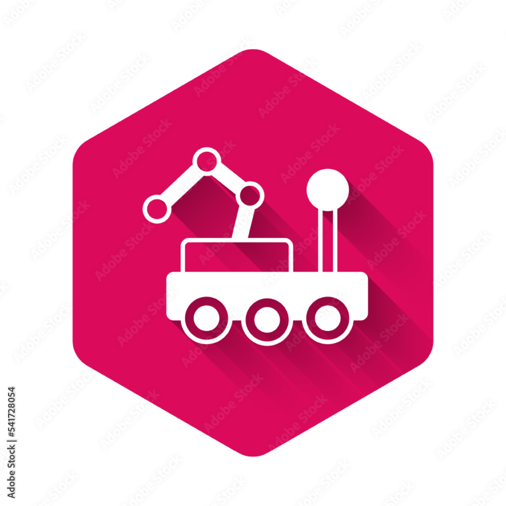 Poster white mars rover icon isolated with long shadow background. space rover. moonwalker sign. apparatus 