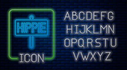 Glowing neon Peace icon isolated on brick wall background. Hippie symbol of peace. Neon light alphabet. Vector