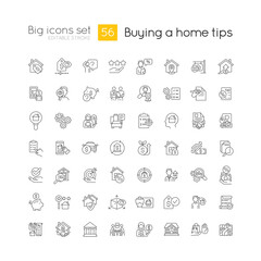 Home buying guide linear big icons set. Real estate purchase. House hunting. Customizable thin line symbols. Isolated vector outline illustrations. Editable stroke. Quicksand-Light font used