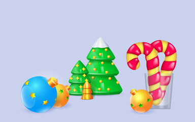 Happy New Year background. Snowy Christmas trees, big candy canes and christmas ornaments. Realistic 3d Xmas decor