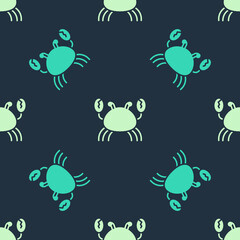 Green and beige Crab icon isolated seamless pattern on blue background. Vector