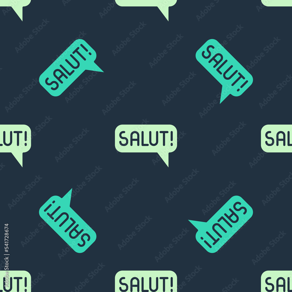 Poster green and beige salut in different languages icon isolated seamless pattern on blue background. spee