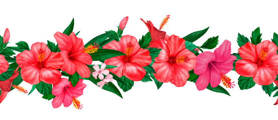 Seamless watercolor tropical flowers red and delicate pink hibiscus with leaves and bud, flowery Hawaiian composition.Perfect for card, postcard, tags, invitation, printing
