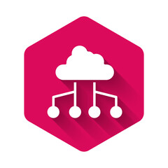 White Network cloud connection icon isolated with long shadow background. Social technology. Cloud computing concept. Pink hexagon button. Vector