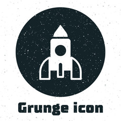 Grunge Rocket ship toy icon isolated on white background. Space travel. Monochrome vintage drawing. Vector