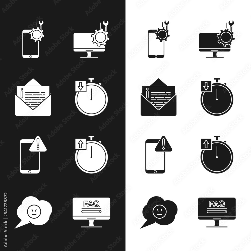 Poster set stopwatch, envelope, mobile service, computer monitor, with exclamation mark, monitor faq inform