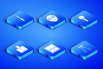 Set Eyelash curler, Nail file, Makeup powder with mirror, Perfume, Facial cosmetic mask and Hair dryer icon. Vector