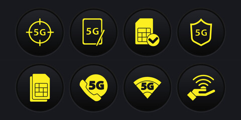 Set Sim card, Protective shield 5G, Phone with network, Graphic tablet, and icon. Vector