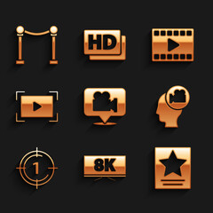 Set Camera and location, Screen tv with 8k, Hollywood walk of fame star, Head camera, Old film movie countdown frame, Online play video, Play Video and Rope barrier icon. Vector
