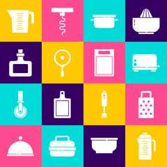 Set Teapot, Grater, Toaster, Cooking, Frying pan, Sauce bottle, Measuring cup and Cutting board icon. Vector