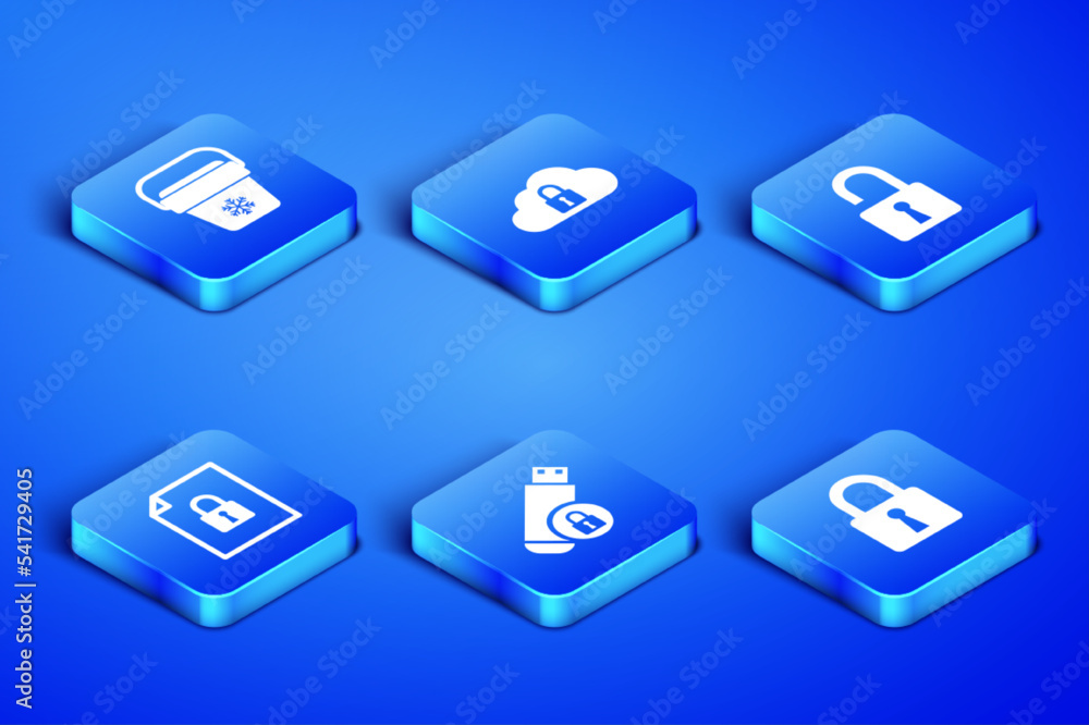 Poster set lock, cooler bag, usb flash drive with lock, document and, cloud computing and open padlock icon