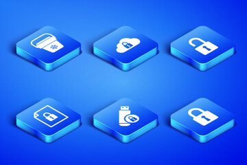Set Lock, Cooler bag, USB flash drive with lock, Document and, Cloud computing and Open padlock icon. Vector