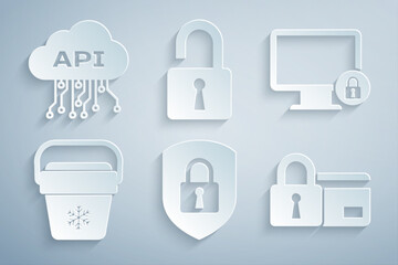 Set Shield security with lock, Lock on monitor, Cooler bag, Credit card, Open padlock and Cloud api interface icon. Vector