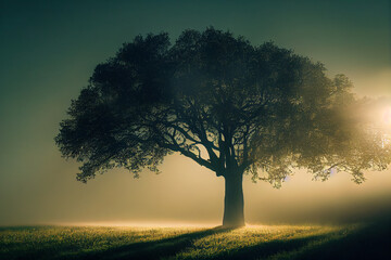 Fototapeta na wymiar Misty Morning Sunrise Around a Tree