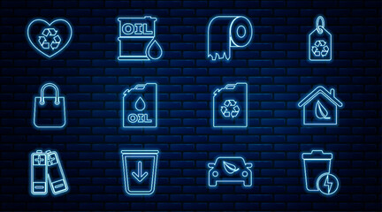 Set line Lightning with trash can, Eco friendly house, Toilet paper roll, Canister machine, Shopping bag, heart, fuel canister and Oil barrel icon. Vector