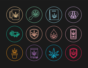 Set line Shield and marijuana, Online buying, Shopping bag of, cart with, Cup tea, Marijuana or cannabis leaf oil and Magnifying glass icon. Vector
