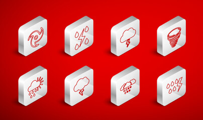 Set line Storm, Tornado, Cloud with snow and rain, and Cloudy sun icon. Vector