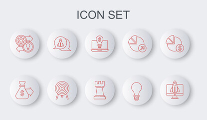 Set line Startup project concept, Money bag, Light bulb with dollar laptop, of idea, Human resources, Target and Chess icon. Vector