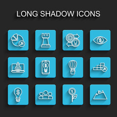 Set line Light bulb with dollar, Users group, Financial growth, Dollar plant, Mountains flag, on mobile, and Hot air balloon icon. Vector