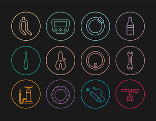Set line Bicycle handlebar, Wrench spanner, brake disc, seat, Screwdriver, fork, wheel and speedometer icon. Vector