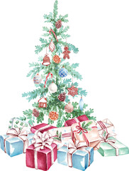 Christmas tree. Watercolor clipart. Hand-painted illustration