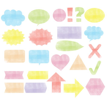 Set of watercolor speech bubbles and shape.Collection of banner.Pastel color stickers for decorating.Frames and labels.Sign, symbol, icon or logo isolated.Badges and elements.Vector illustration.