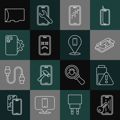 Set line Glass screen protector, Smartphone battery charge, Mobile with broken, Dead mobile, Phone repair service, Micro SD memory card and icon. Vector