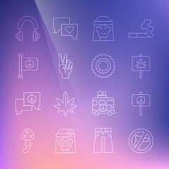 Set line No war, Peace, Marijuana, Hippie girl, symbol, Flag peace, Headphones and Sun icon. Vector