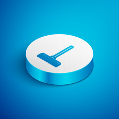 Isometric line Garden rake icon isolated on blue background. Tool for horticulture, agriculture, farming. Ground cultivator. White circle button. Vector