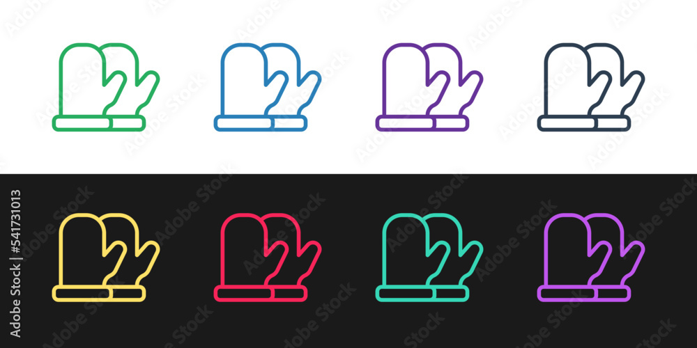 Poster Set line Christmas mitten icon isolated on black and white background. Vector