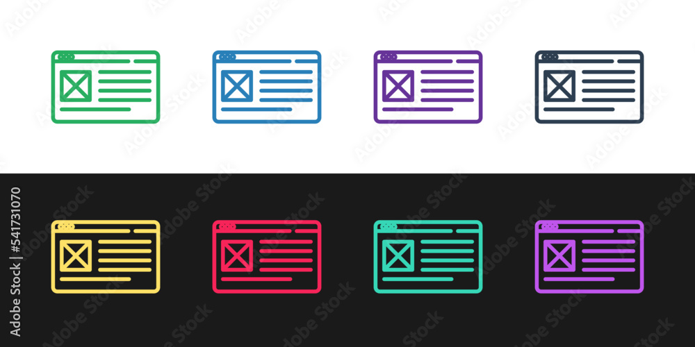 Poster set line browser window icon isolated on black and white background. vector