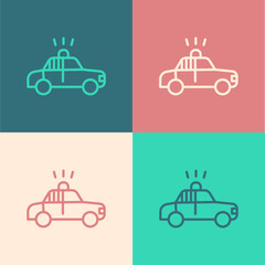Pop art line Police car and police flasher icon isolated on color background. Emergency flashing siren. Vector