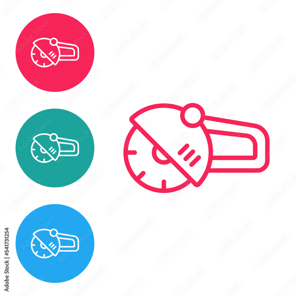 Poster red line angle grinder icon isolated on white background. set icons in circle buttons. vector
