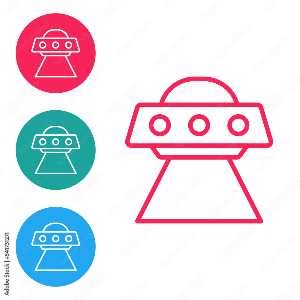 Poster red line ufo flying spaceship icon isolated on white background. flying saucer. alien space ship. fu