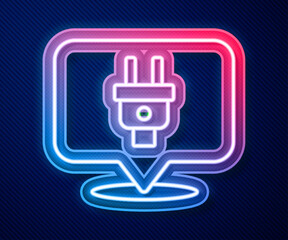 Glowing neon line Electric plug icon isolated on blue background. Concept of connection and disconnection of the electricity. Vector