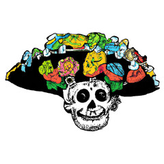 Color with bright Mexican fiesta. Pirate Skull with a fedora, wide brim black hat, covered in bright flowers. Fiesta mode drawing. Halloween pirate