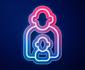 Glowing neon line Taking care of children icon isolated on blue background. Vector