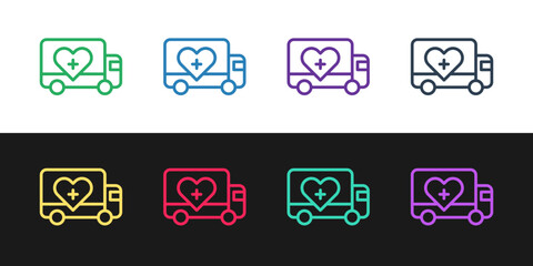 Set line Humanitarian truck icon isolated on black and white background. Vector