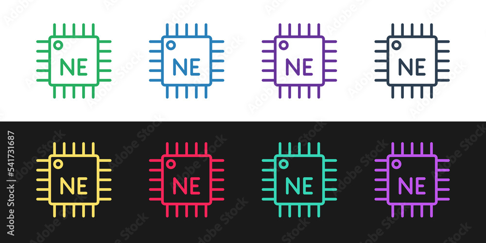 Poster set line computer processor with microcircuits cpu icon isolated on black and white background. chip