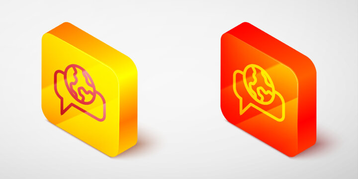 Isometric line Learning foreign languages icon isolated on grey background. Translation, language interpreter and communication. Yellow and orange square button. Vector
