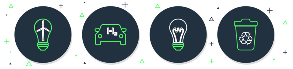 Set line Hydrogen car, Light bulb, with wind turbine and Recycle recycle icon. Vector